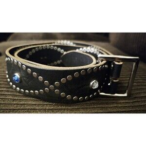 Vtg Brave 1992 Black Leather Jeweled & Studded Square Buckle Waist Belt Sz 30